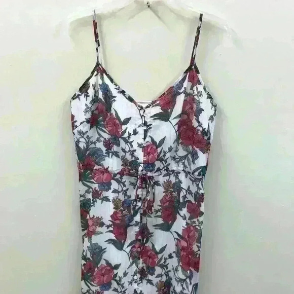 Nanette Lepore Maxi Dress 14 White Pink Green Spaghetti Strap Drawstring Hi Lo L - Picture 4 of 8